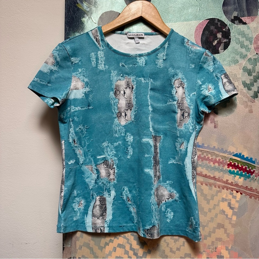 Krizia Vintage Y2K designer denim snakeskin print fitted top size small